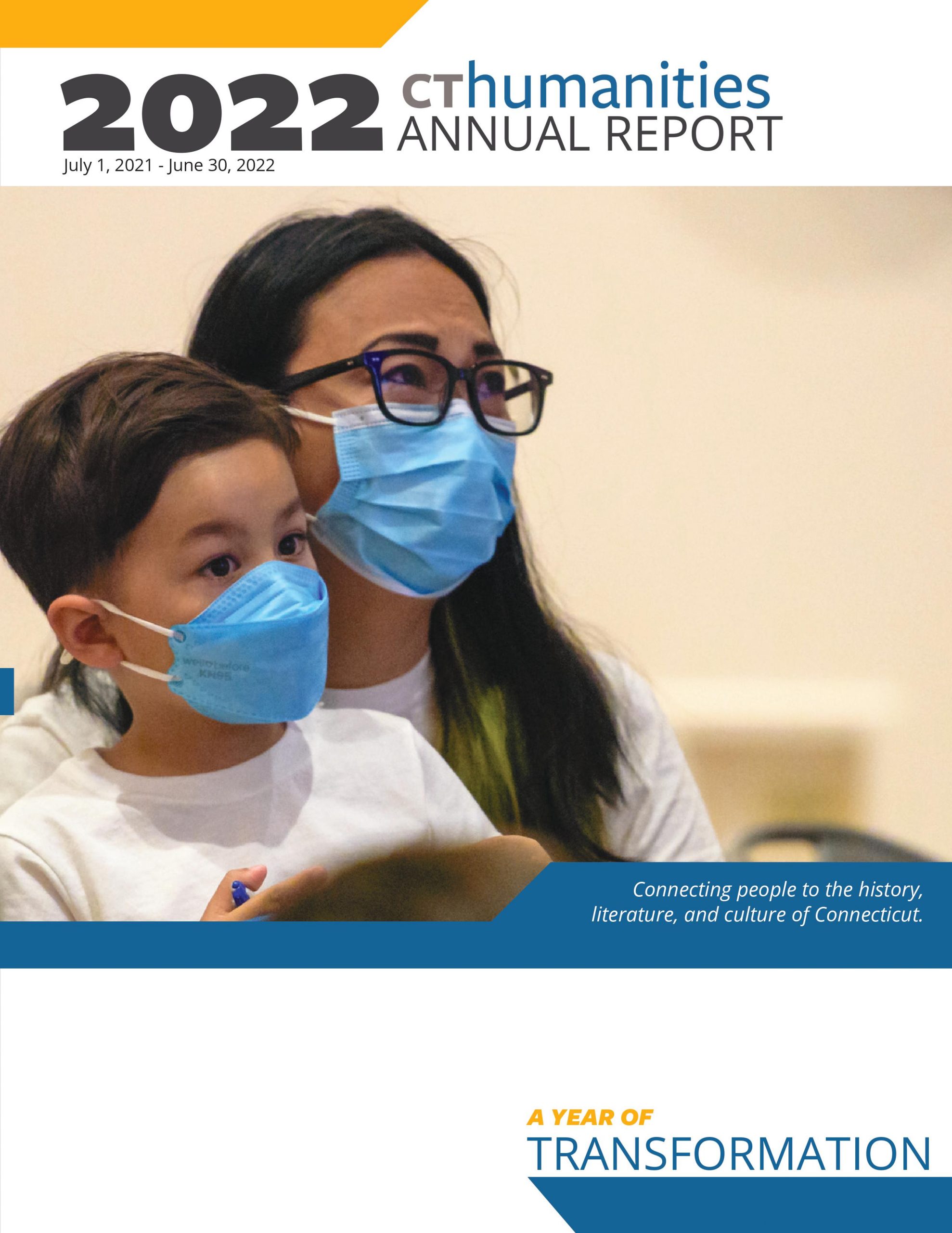 Cover Page of FY2022 Annual Report- shows a child sitting on his mom's lap. Both are wearing white t-shirts and blue COVID-19 face masks.